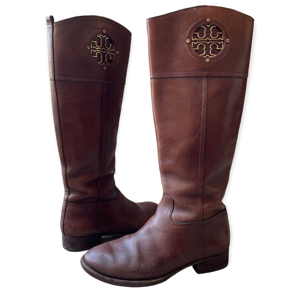 Tory Burch Boots Tall Riding Brown Leather Kiernan Logo Gold Womens 7.5